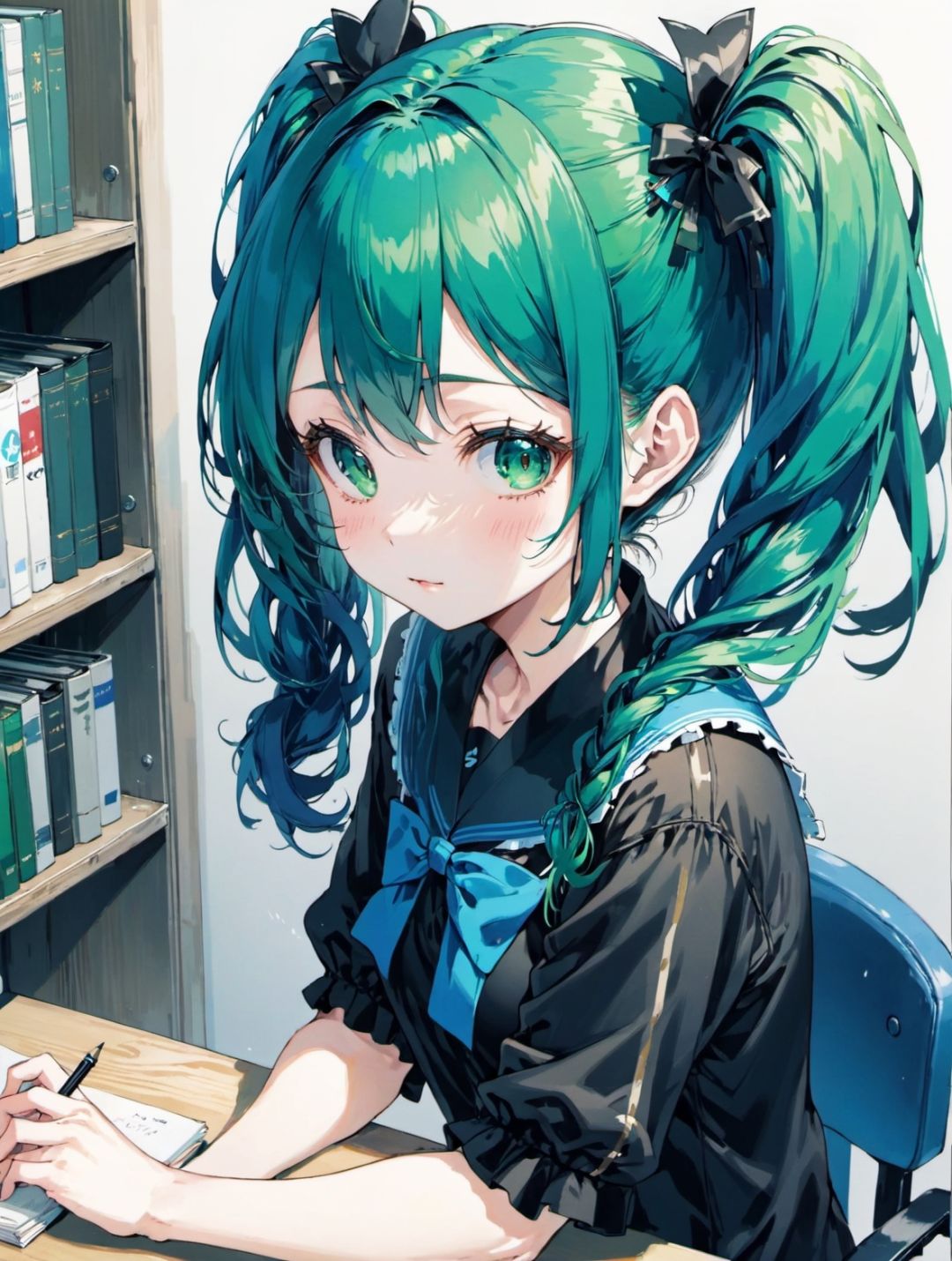 1girl, solo,  green-hazel, blue black, very short, short twintails hair, hair, faculty room