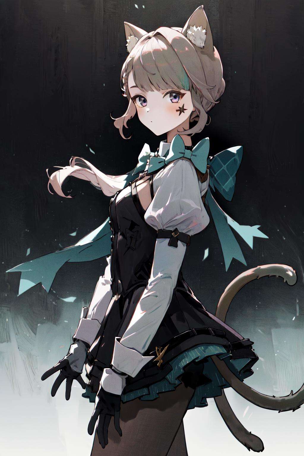 masterpiece, best quality, highres, 1girl star \(symbol\), bow bowtie clothing cutout puffy sleeves white shirt gloves cat tail black dress black skirt black pantyhose <lora:lynette:1> from side, looking at viewer