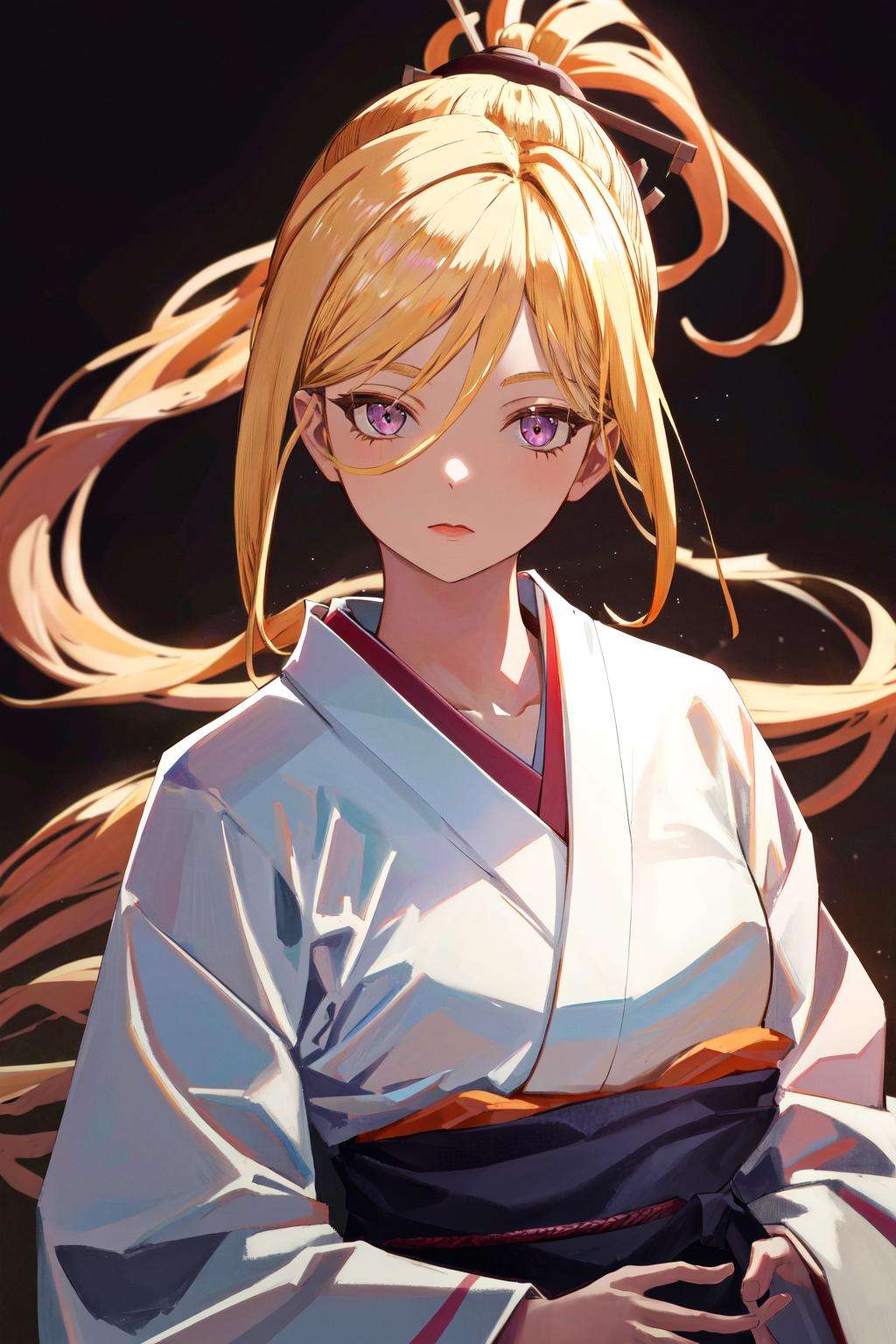 masterpiece, best quality, highres, 1girl <lora:bishamonten_no_outfit:1> white kimono, ponytail, long hair, looking at viewer