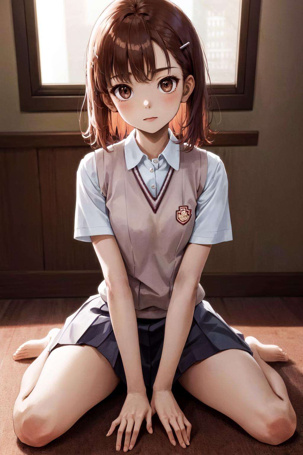 masterpiece, best quality, highres, 1girl hairclip, tokiwadai school uniform <lora:misaka_mikoto:1> sitting, wariza