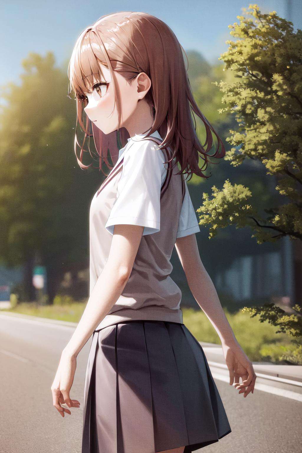 masterpiece, best quality, highres, 1girl hairclip, tokiwadai school uniform <lora:misaka_mikoto:1> from side, standing