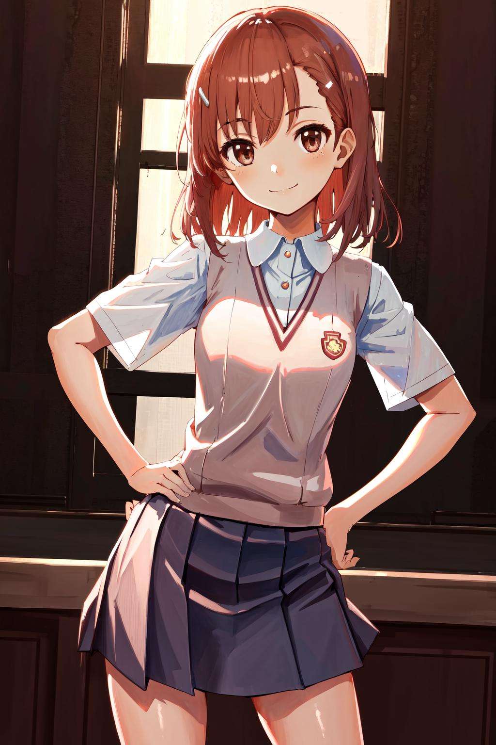 masterpiece, best quality, highres, 1girl hairclip <lora:misaka_mikoto:1> tokiwadai school uniform, smile, hand on hip