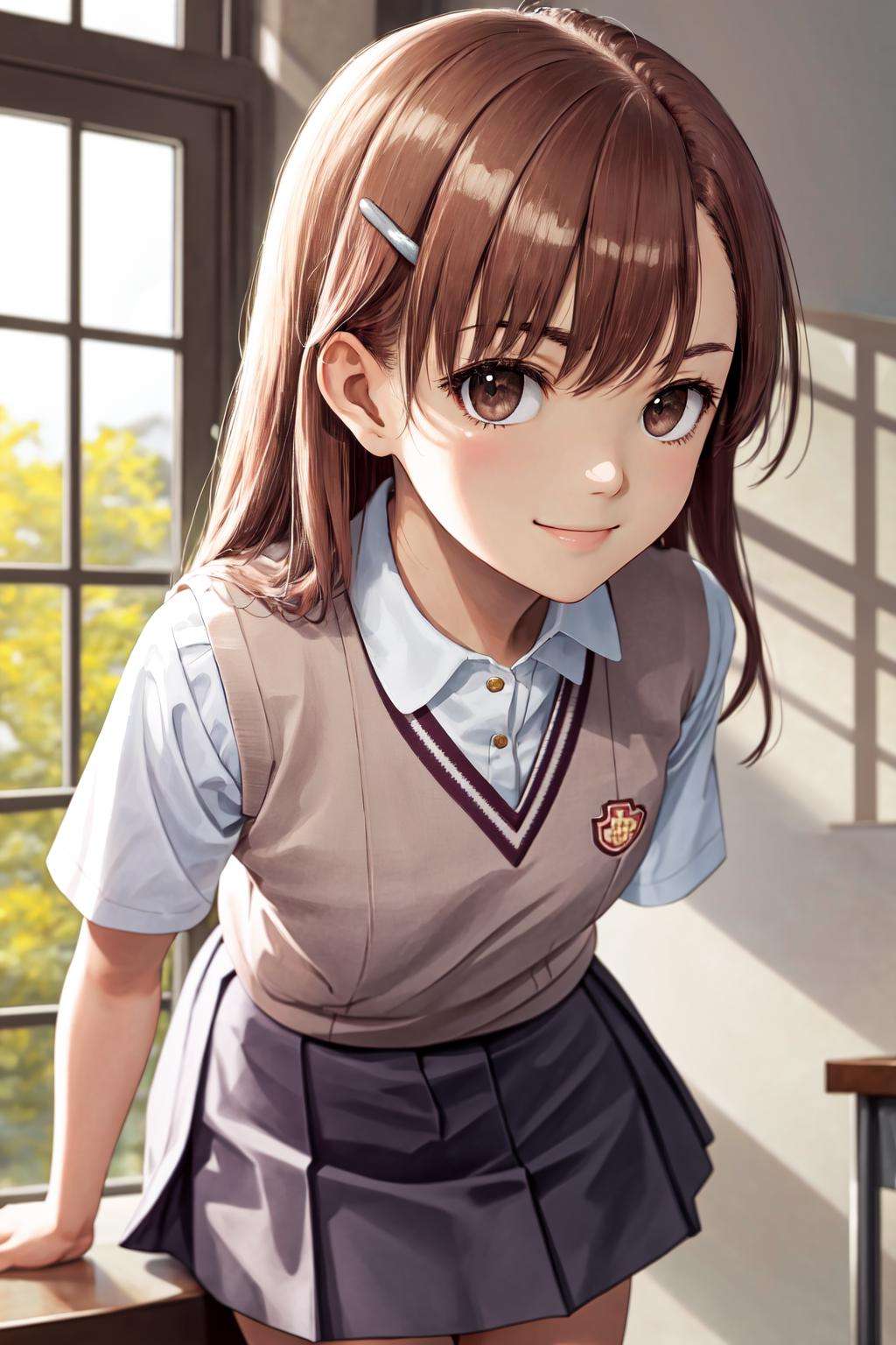 masterpiece, best quality, highres, 1girl hairclip, tokiwadai school uniform <lora:misaka_mikoto:1> smile, leaning forward, arms behind back