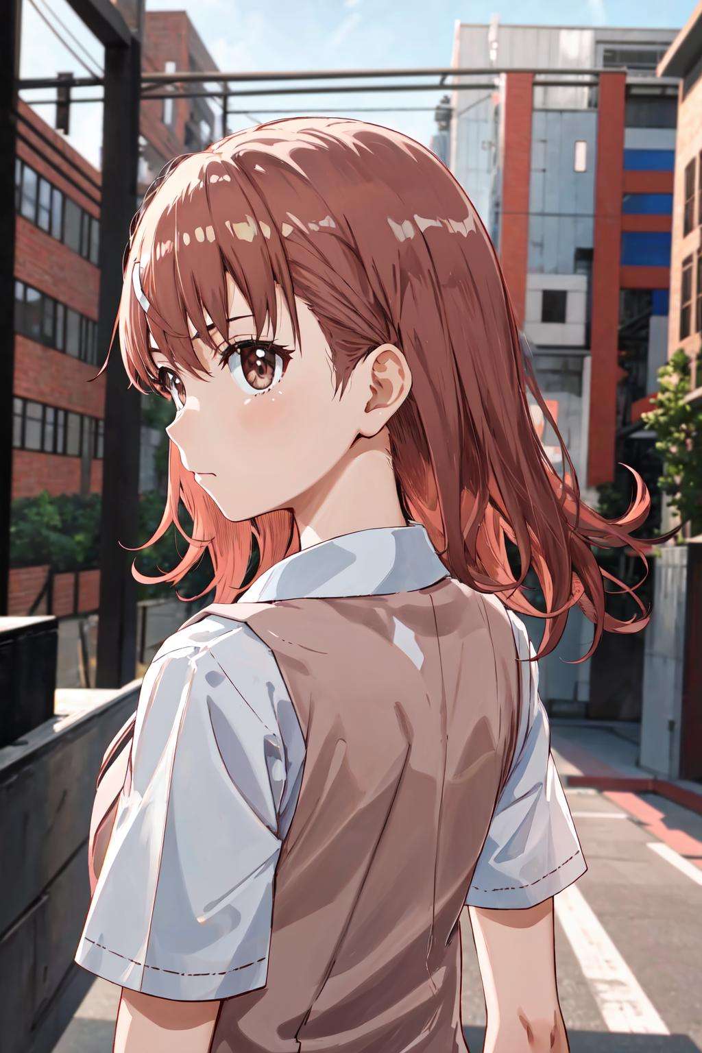 masterpiece, best quality, highres, 1girl hairclip, tokiwadai school uniform <lora:misaka_mikoto:1> from behind, looking back