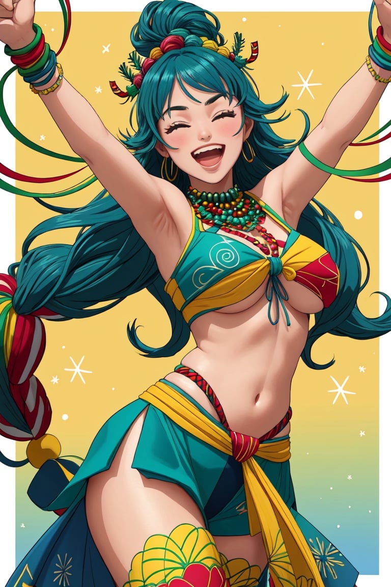 A vibrant background with festive borders that captures the Brazilian Carnival celebration. Bold colors like green,  yello...