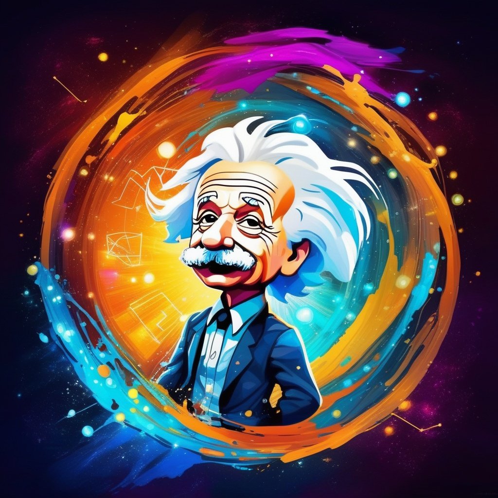 Circle, (dreamlikeart:1.3),splash art portrait painting (chibi albert einstein:1.3), electrical aura, splashart, superhero , powerful attack, dynamic pose, dynamic angle,movement, colorful highly detaild of universe of background, quantum fracture, science concept, maths symbol, equations write, nerd vibes, style futuristic ciberpunk, modern technology,