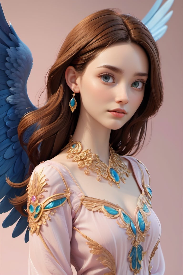 3d toon style, take a beautiful portrait of an angel with phoenix wings, fair skin, oval face, sharp jawline, prominent hooked nose, deep blue eyes surrounded by willow-leaf eyebrows , thin lips of a natural pale pink color, shoulder-length wavy dark brown hair with a delicate smile at the corners of her eyes, Use cinematic techniques and shot on a 25mm lens, achieve a depth of field with tilt blur and a shutter speed of 1/1000 and f/22. Aim for a photorealistic look with 32k resolution, no words, 8k, HD, cinematography, photorealistic, epic composition, Unreal Engine, Color Grading, interesting angle, cinematic view, 35mm kodak film grain, hyper-detailed, beautifully color-coded, insane details, intricate details, Editorial Photography, Photography, Depth of Field, Tilt Blur, Super-Resolution, Megapixel, ProPhoto RGB, VR, Half rear Lighting, Backlight, Dramatic Lighting, Incandescent, Optical Fiber, Moody Lighting, Soft Lighting, Volumetric, Contre-Jour, Accent Lighting, Global Illumination, Screen Space Global Illumination, Ray Tracing Global Illumination, Optics, Scattering, Glowing, Shadows, Rough, Shimmering, Ray Tracing Reflections, Lumen Reflections, Screen Space Reflections, Diffraction Grading, Chromatic Aberration, GB Displacement, Scan Lines, Ray Traced, Ambient Occlusion, Anti-Aliasing, elegant, dynamic pose, volumetric, ultra-detailed, ambient, FKAA, TXAA, RTX, SSAO, Shaders, OpenGL-Shaders, GLSL-Shaders, Post Processing, Post-Production, Cel Shading, Tone Mapping, CGI, VFX, SFX , 3d rendering style