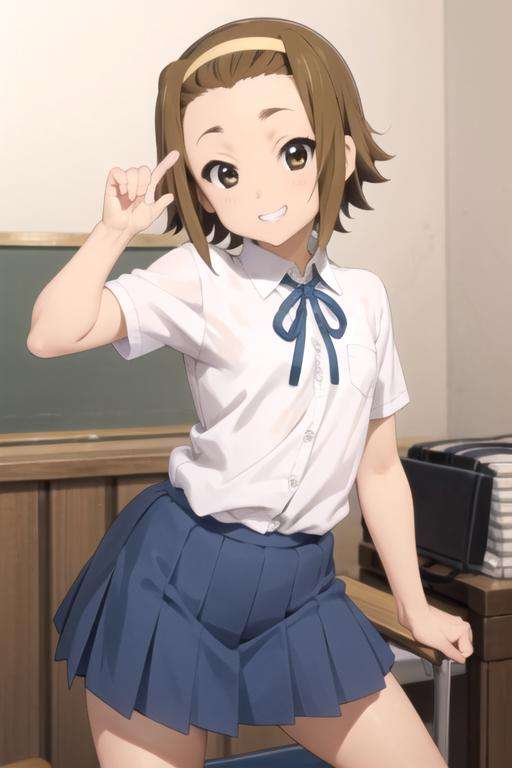 (((picture perfect))), 1girl, solo, <lora:ritsu-kon:0.8>, ritsu tainaka, school uniform, short sleeves, looking at viewer, smile, grin