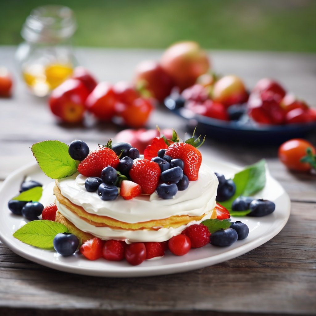 apple, berry, blueberry, blurry, blurry_background, blurry_foreground, bokeh, cake, cake_slice, cherry, cream, depth_of_field, dessert, flower, food, food_focus, fork, fruit, grapes, leaf, motion_blur, orange_\(fruit\), pancake, photo_\(medium\), plate, red_flower, red_rose, shiny, strawberry, strawberry_shortcake, table, tomato, whipped_cream