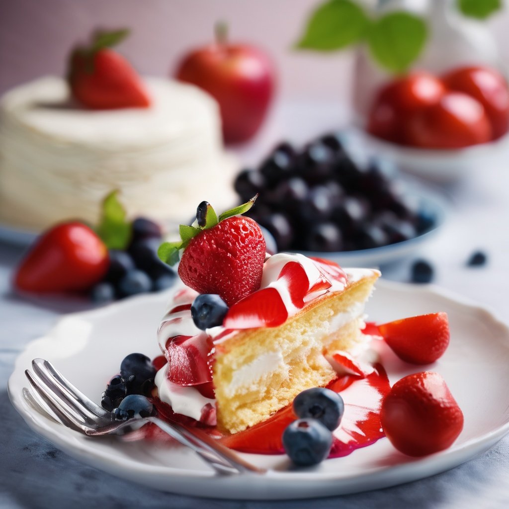 apple, berry, blueberry, blurry, blurry_background, blurry_foreground, bokeh, cake, cake_slice, cherry, cream, depth_of_field, dessert, flower, food, food_focus, fork, fruit, grapes, leaf, motion_blur, orange_\(fruit\), pancake, photo_\(medium\), plate, red_flower, red_rose, shiny, strawberry, strawberry_shortcake, table, tomato, whipped_cream