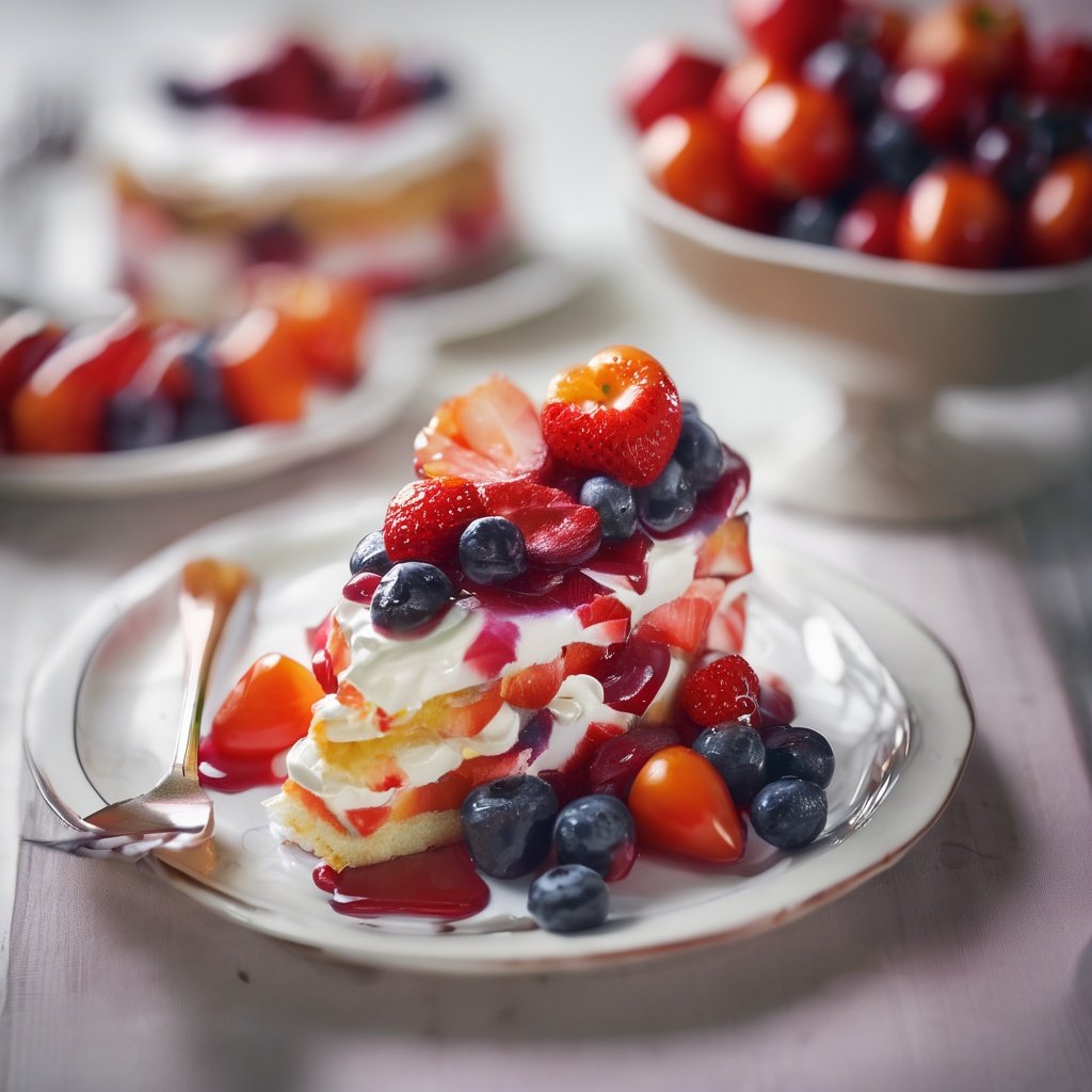 apple, berry, blueberry, blurry, blurry_background, blurry_foreground, bokeh, cake, cake_slice, cherry, cream, depth_of_field, dessert, flower, food, food_focus, fork, fruit, grapes, leaf, motion_blur, orange_\(fruit\), pancake, photo_\(medium\), plate, red_flower, red_rose, shiny, strawberry, strawberry_shortcake, table, tomato, whipped_cream