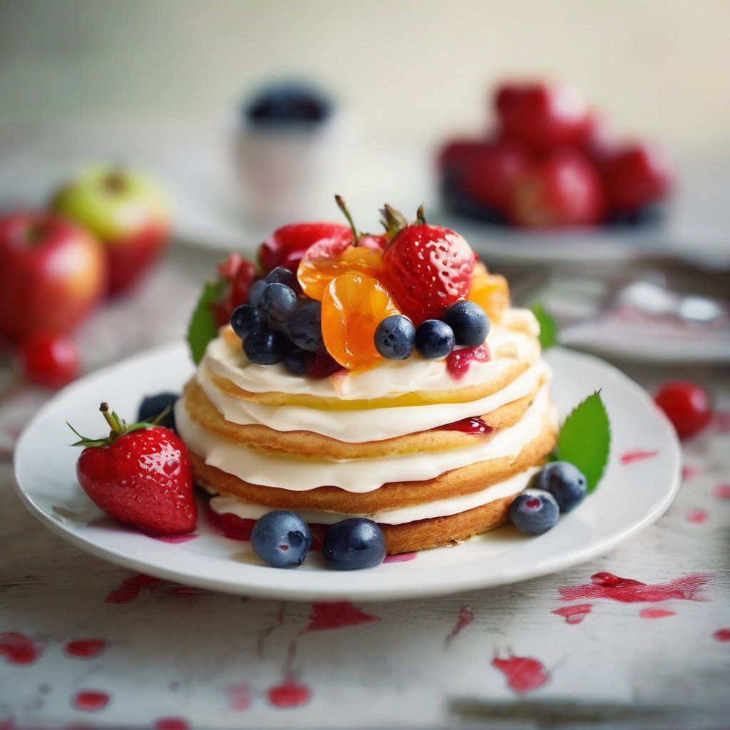 apple, berry, blueberry, blurry, blurry_background, blurry_foreground, bokeh, cake, cake_slice, cherry, cream, depth_of_field, dessert, flower, food, food_focus, fork, fruit, grapes, leaf, motion_blur, orange_\(fruit\), pancake, photo_\(medium\), plate, red_flower, red_rose, shiny, strawberry, strawberry_shortcake, table, tomato, whipped_cream