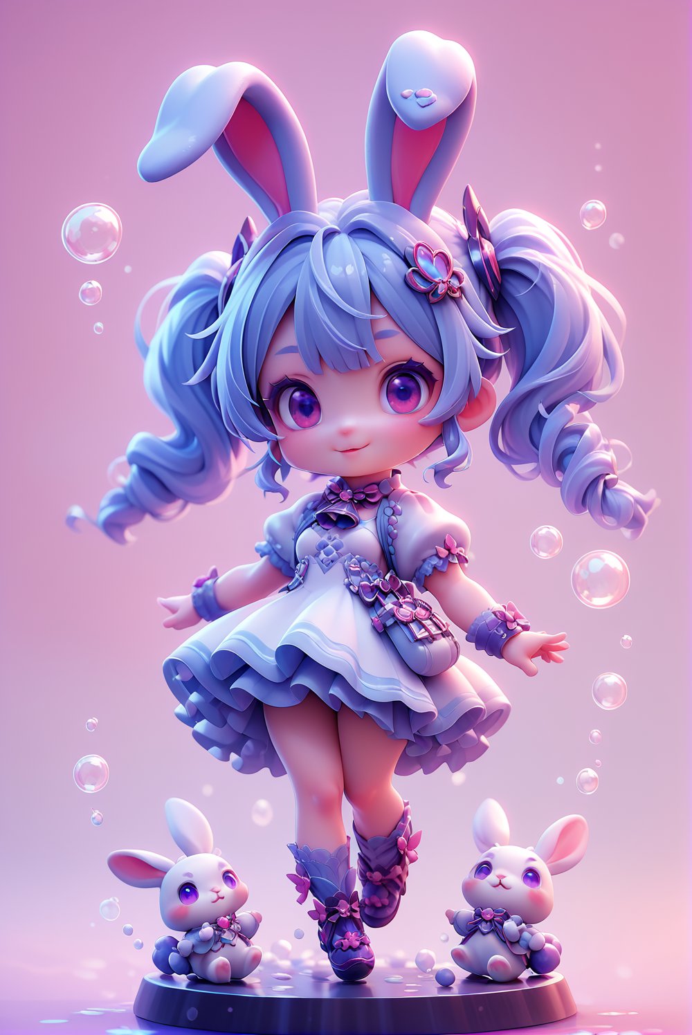 score_9_up, score_8_up, score_7_up, 1girl, solo, chibi, full body, looking at viewer, purple eyes, rabbit ears, short hair, light blue hair, twintails, white dress, bubbles, pink background
