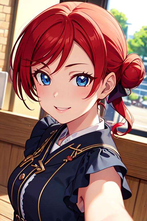 (masterpiece, best quality, ultra-detailed), (illustration), (beautiful detailed eyes), (1girl), (solo),  <lora:mei_v1:0.5>, yoneme mei, blue eyes, red hair, hair bun, smile