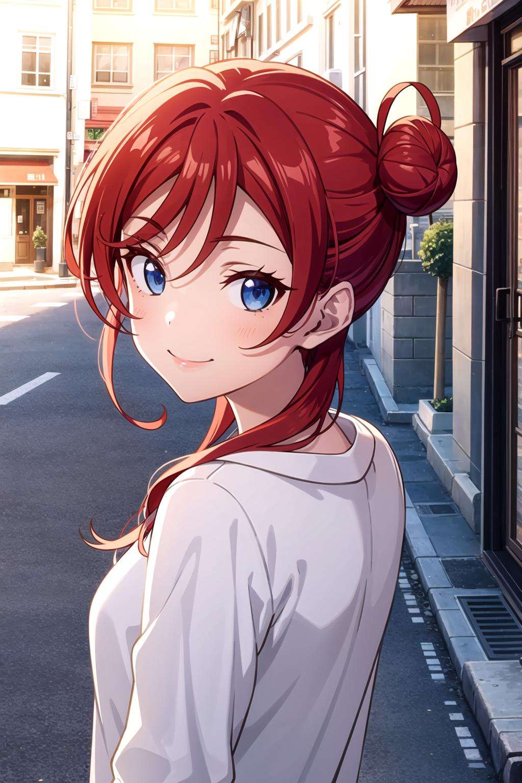 (1girl), (solo), yoneme mei, blue eyes, red hair, hair bun, <lora:mei_v1:0.6>, looking at viewer, smile, outdoors, sunny, blue sky, streets background,