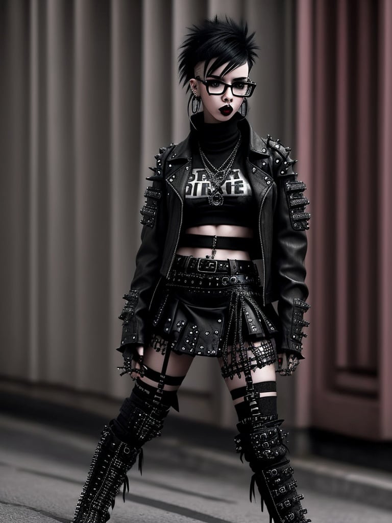 The punk girl hates society dressed sexy in flared miniskirt,  black and white fishnet stockings,  long boots by Arielpela...