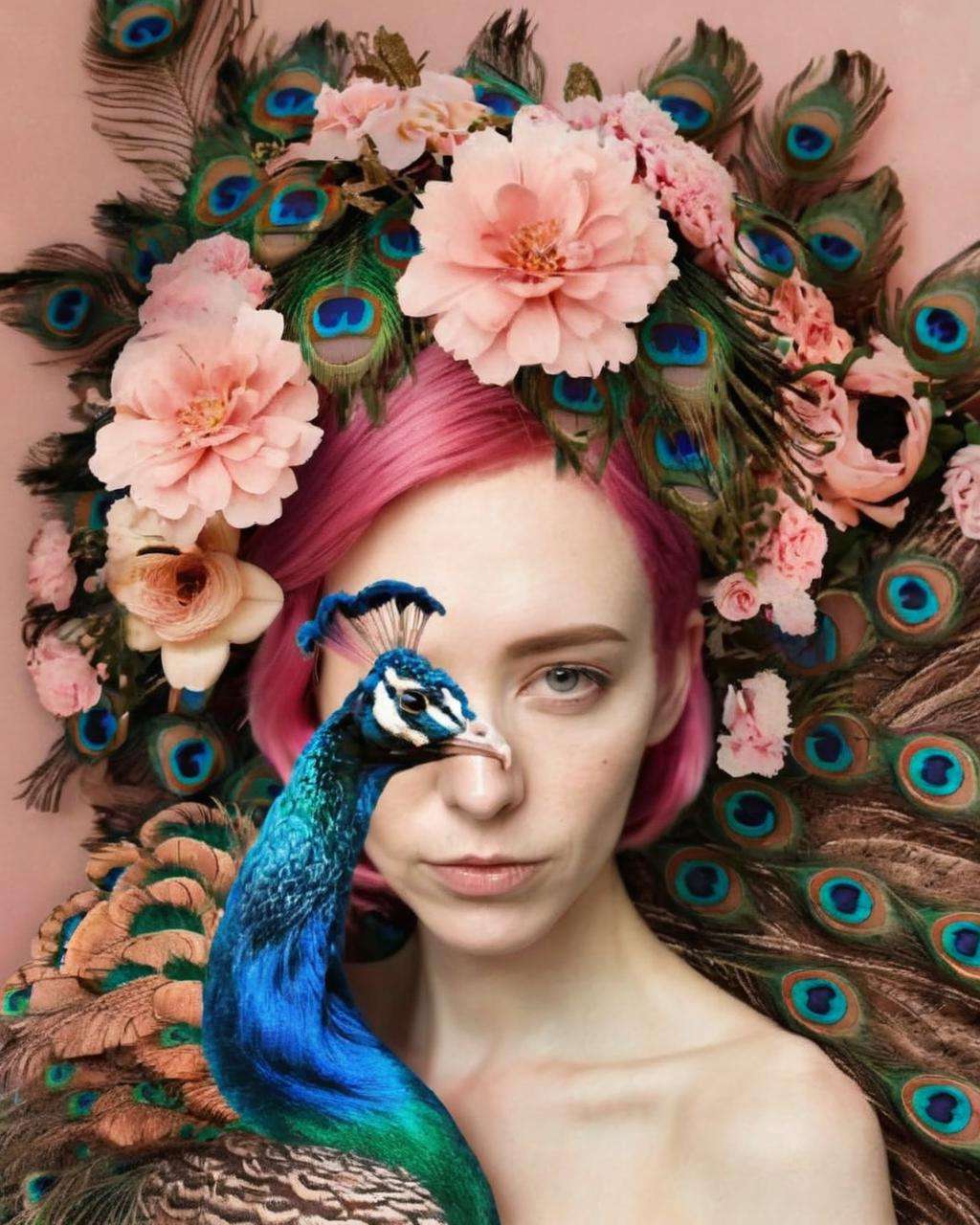 (( fauna_portrait )) ,  a woman with pink hair and a flower crown , Peacock<lora:Fauna_Portrait_sdxl:1.0>