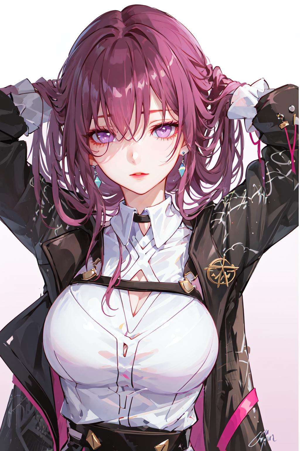 masterpiece, best quality, 1girl, <lora:StarRail_Kafka_AP_v1:0.75:LESS>, official, purple eyes, (empty eyes:1.2), eyewear on head, earring,shirt, black jacket, jacket on shoulders, large breasts,arms at sides, upper body, looking at viewer, simple background, pink background, purple background, 