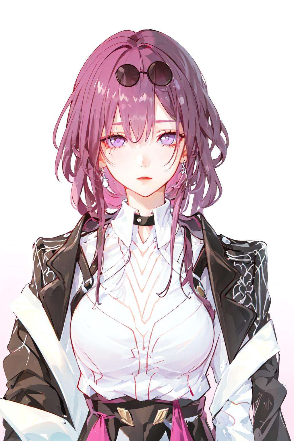 masterpiece, best quality, 1girl, <lora:StarRail_Kafka_AP_v1:0.85:LESS>, official, purple eyes, (empty eyes:1.2), eyewear on head, earring,shirt, black jacket, jacket on shoulders, medium breasts, arms at sides, upper body, looking at viewer, simple background, pink background, purple background, 