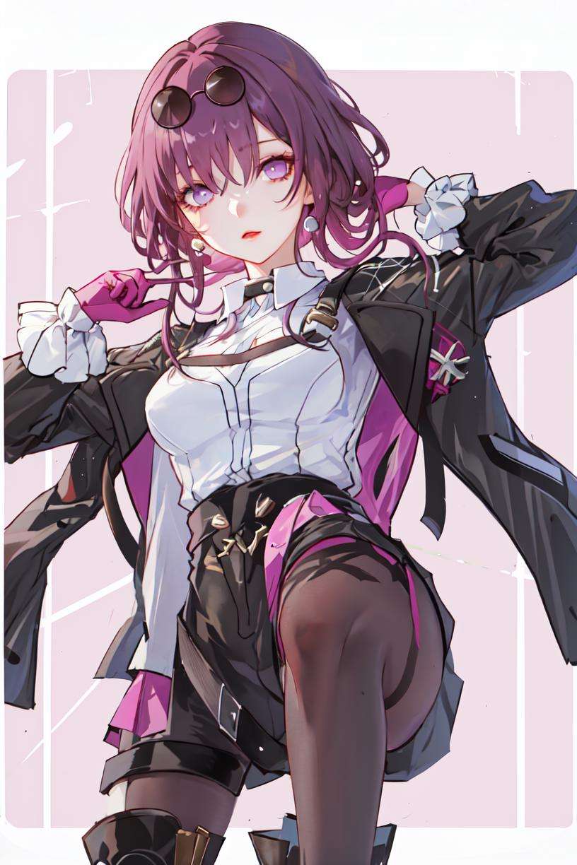 masterpiece, best quality, 1girl, <lora:StarRail_Kafka_AP_v1:0.85:LESS>, official, purple eyes, (empty eyes:1.2),  eyewear on head, black jacket, jacket on shoulders, shirt, medium breasts, shorts, pantyhose, boots, single knee boot, (from below:1.1),simple background, pink background, purple background, 