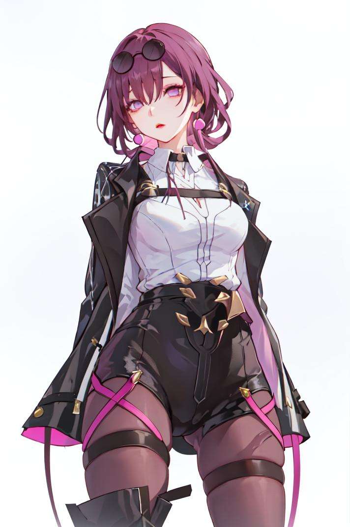 masterpiece, best quality, 1girl, <lora:StarRail_Kafka_AP_v1:0.85:LESS>, official, purple eyes, (empty eyes:1.2),  eyewear on head, black jacket, jacket on shoulders, shirt, shorts, pantyhose, boots, from below, simple background, pink and purple background, 