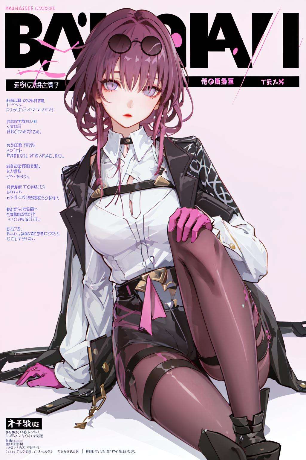 masterpiece, best quality, 1girl, <lora:StarRail_Kafka_AP_v1:0.9:LESS>,official, purple eyes, (empty eyes:1.2),  eyewear on head,black jacket, jacket on shoulders, shirt,shorts, pantyhose, boots, (magazine cover:1.2), simple background, pink background,  purple background,