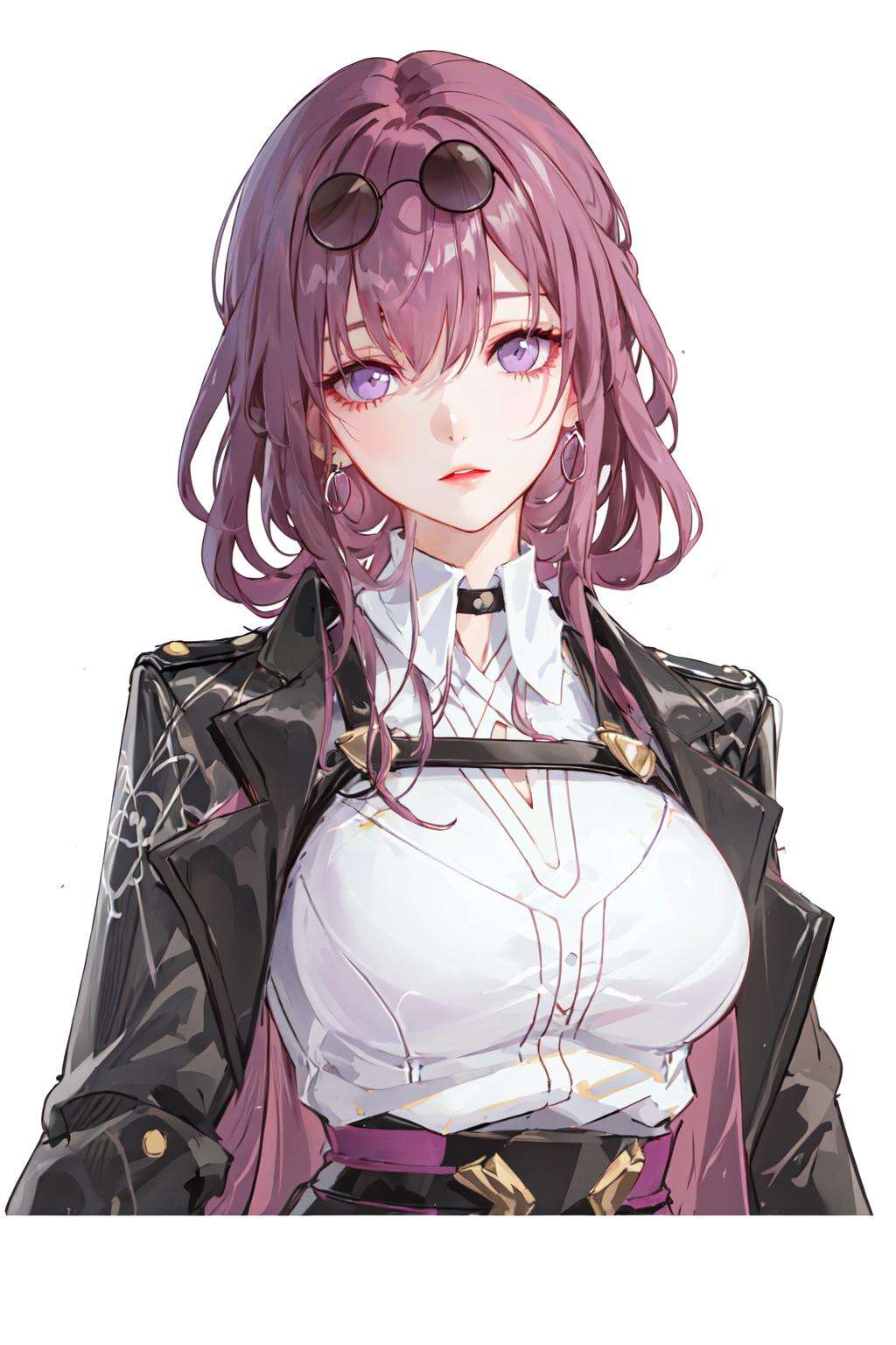 masterpiece, best quality, 1girl, <lora:StarRail_Kafka_AP_v1:0.75:LESS>, official, purple eyes, (empty eyes:1.2), eyewear on head, earring,shirt, black jacket, jacket on shoulders, large breasts,arms at sides, upper body, looking at viewer, simple background, pink background, purple background, 