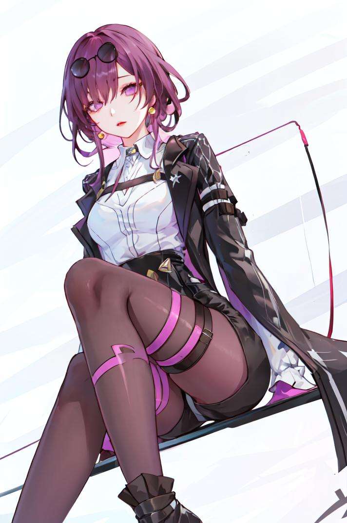 masterpiece, best quality, 1girl, <lora:StarRail_Kafka_AP_v1:0.85:LESS>, official, purple eyes, (empty eyes:1.2),  eyewear on head, black jacket, jacket on shoulders, shirt, shorts, pantyhose, boots, thigh strap,from below,simple background, pink and purple background, 