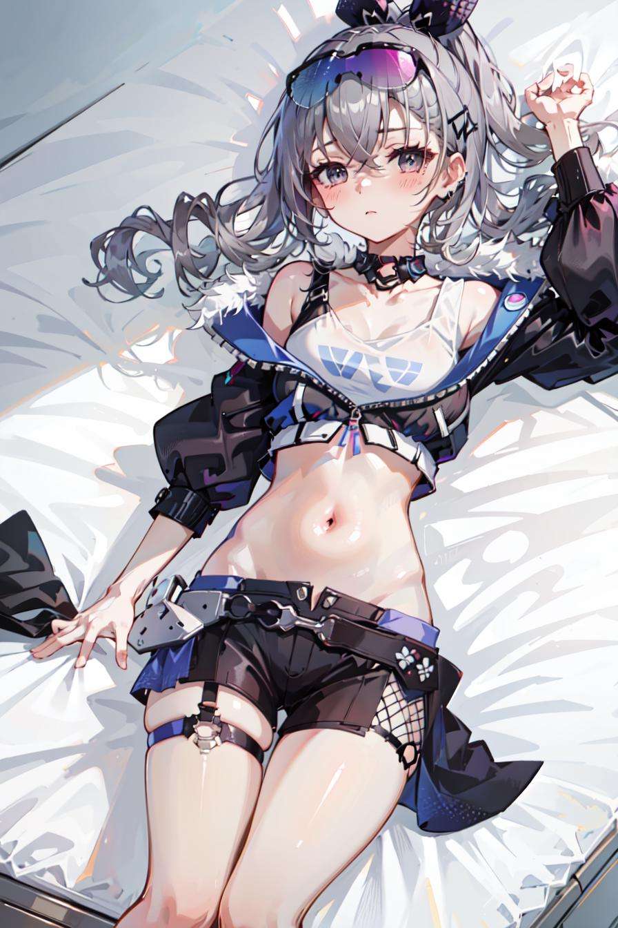 masterpiece, best quality, 1girl, official, on back, on bed, bare shoulders, navel, thighs, blush, from above,  <lora:StarRail_SilverWolf_AP_v1:0.75>