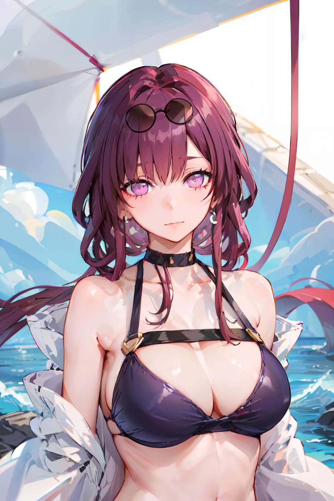 masterpiece, best quality, 1girl, solo, purple eyes,  <lora:StarRail_Kafka_AP_v4:0.9>,swimsuit, frills, black bikini,