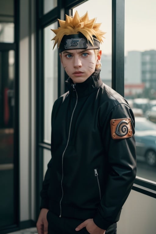 cinematic film still n4rut0, 1boy, facial mark, solo, whisker markings, spiked hair, orange hair,looking at viewer, blue eyes, jacket, konohagakure symbol, short hair, long sleeves, ninja, <lora:n4rut0:1> . shallow depth of field, vignette, highly detailed, high budget Hollywood movie, bokeh, cinemascope, moody, epic, gorgeous, film grain, grainy