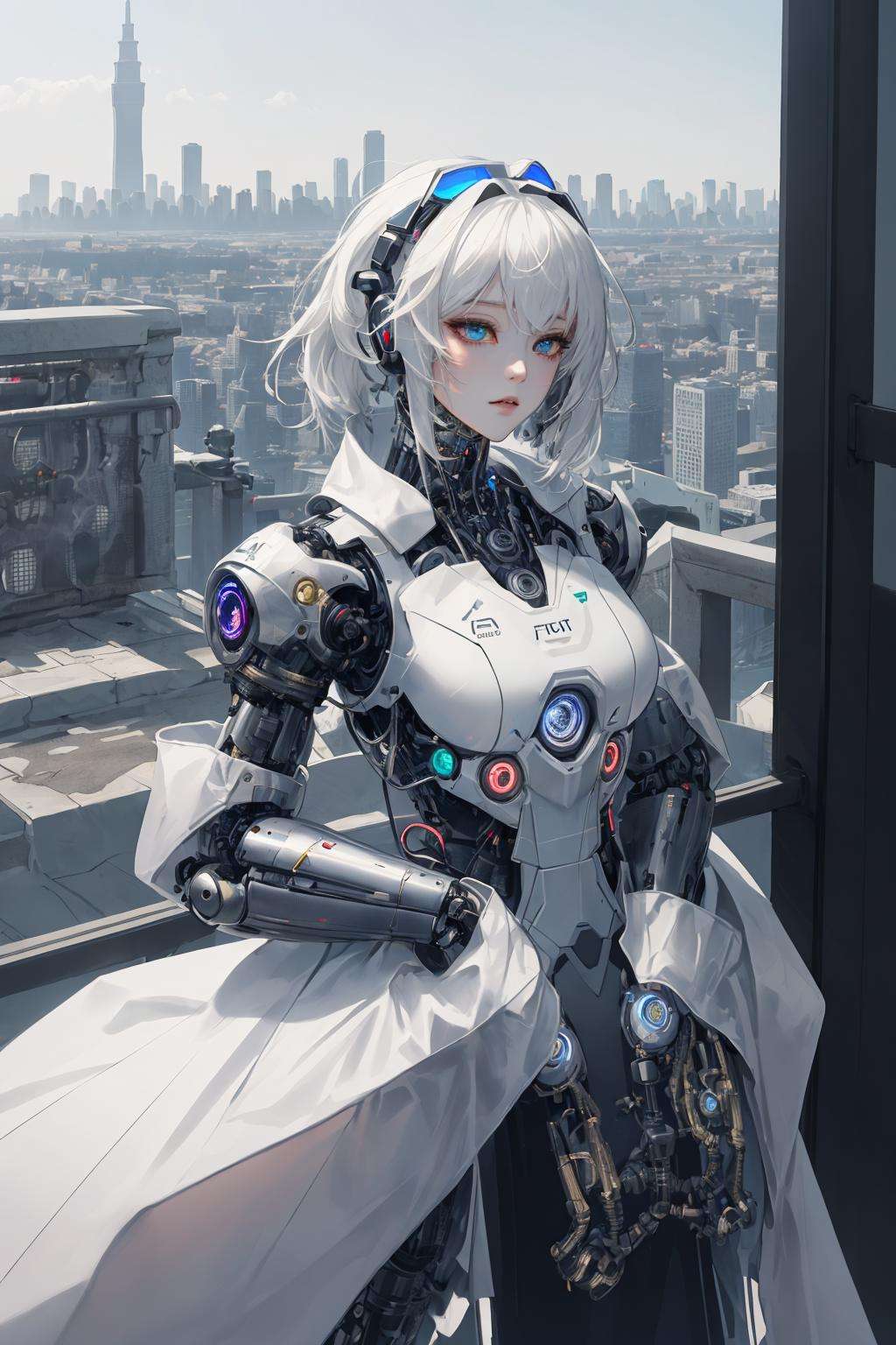 futobot, cyborg, masterpiece, best quality, ultra-detailed, illustration,fullshot,  portrait, 1girl, dress, k-pop idol, (city skyscraper :1.6),  <lora:Futuristicbot4:0.6> 