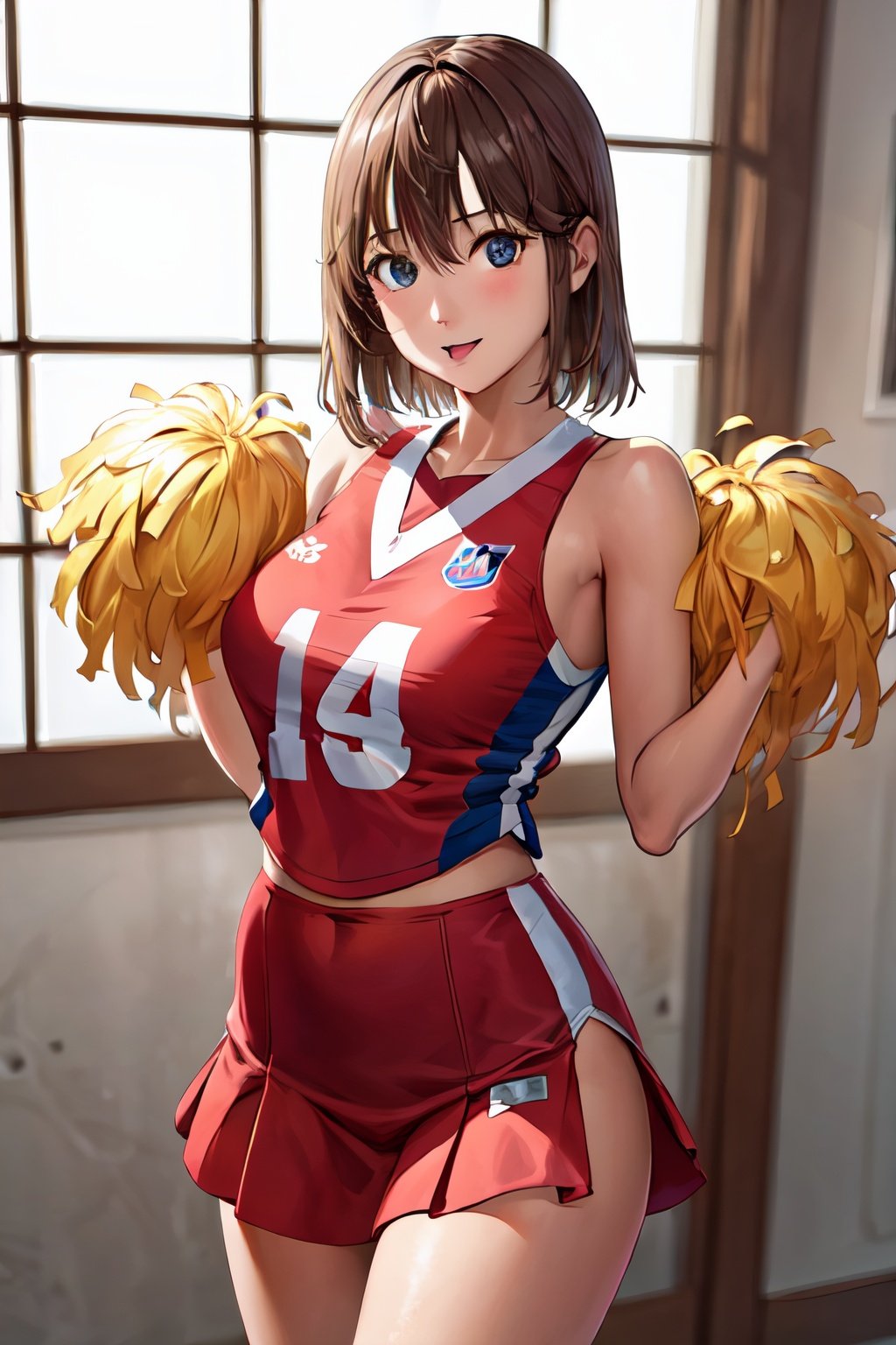 masterpiece, best quality, highres, 1girl, mamori, brown hair, blue eyes, cowboy shot, cheerleader