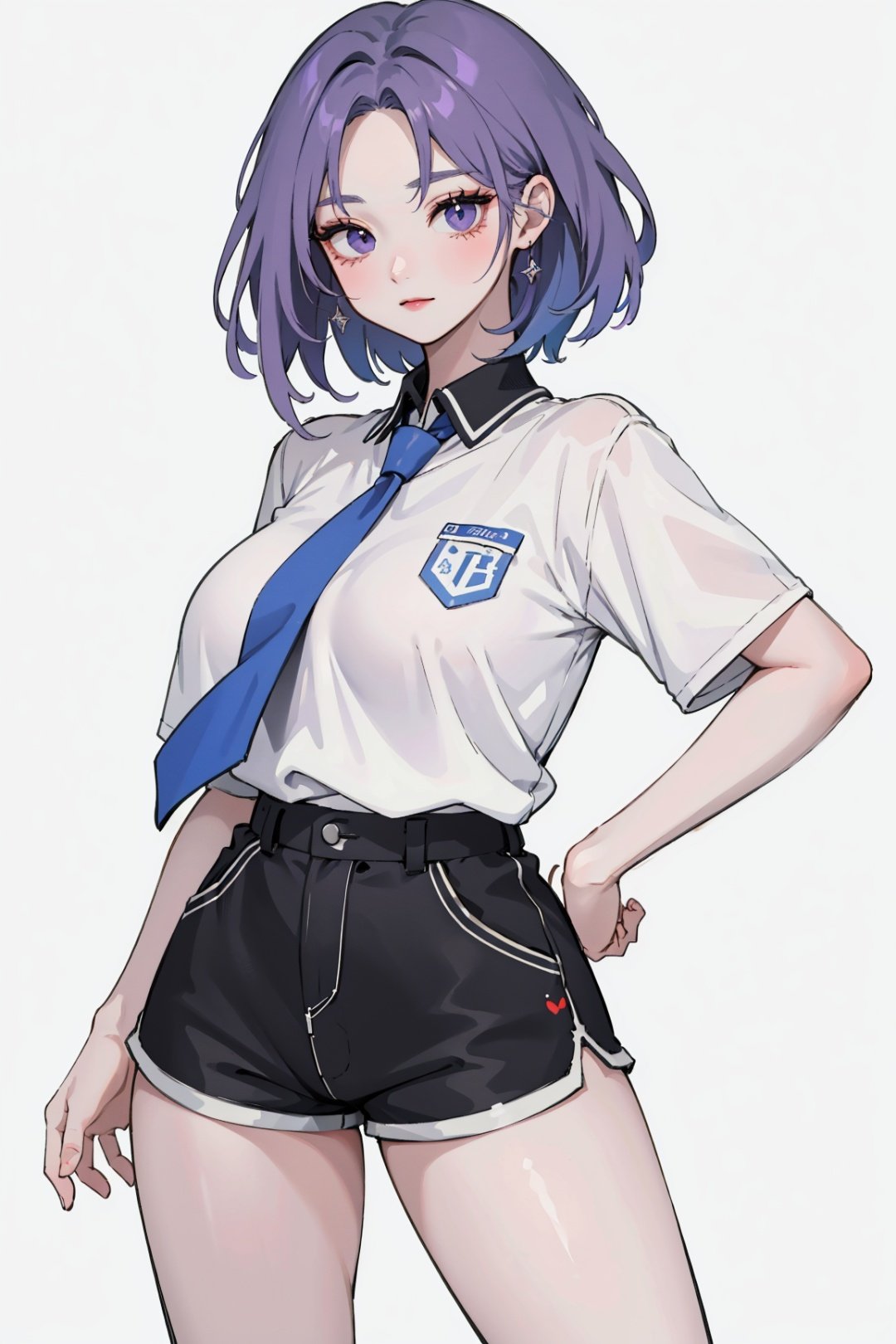 (masterpiece, best quality, highres:1.3), ultra resolution image, (solo), (1girl), formad hair:1.4, forehead, short hair syle, tomboy, violet hair, simple --niji, kpop girl, on field, (dolphin shorts:1.3, black shorts), huge breast, large hips, mature girl, kawai v pose, victory, :3, face close to viewer, fall in love to viewer,