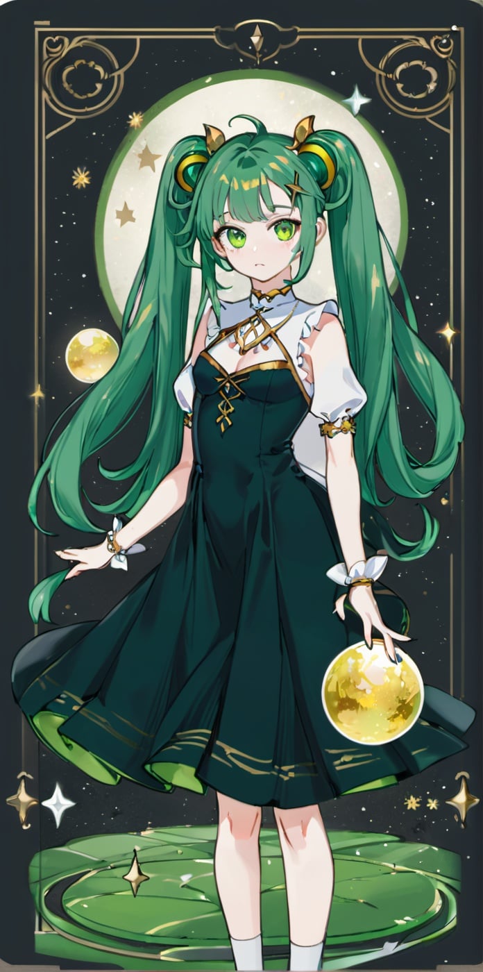 card,tarot,(((masterpiece))),(((bestquality))),((ultra-detailed)),(illustration),((anextremelydelicateandbeautiful)),dynamicangle,floating,(beautifuldetailedeyes),(detailedlight) (1girl),standing, solo, floating_hair,glowingeyes,green hair,greeneyes, twintails, halterdress, atdan, green background,