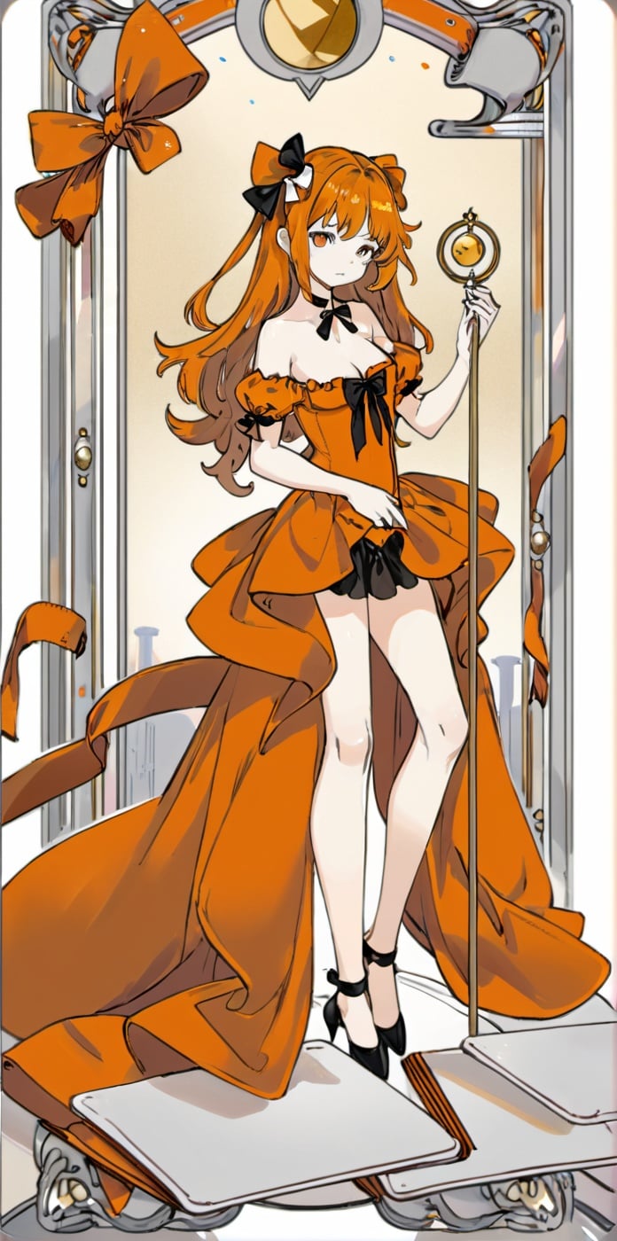 card,tarot,orange theme,best quality,masterpiece,ultra high res,1girl, solo,full body, ribbon, dress, bare shoulde,