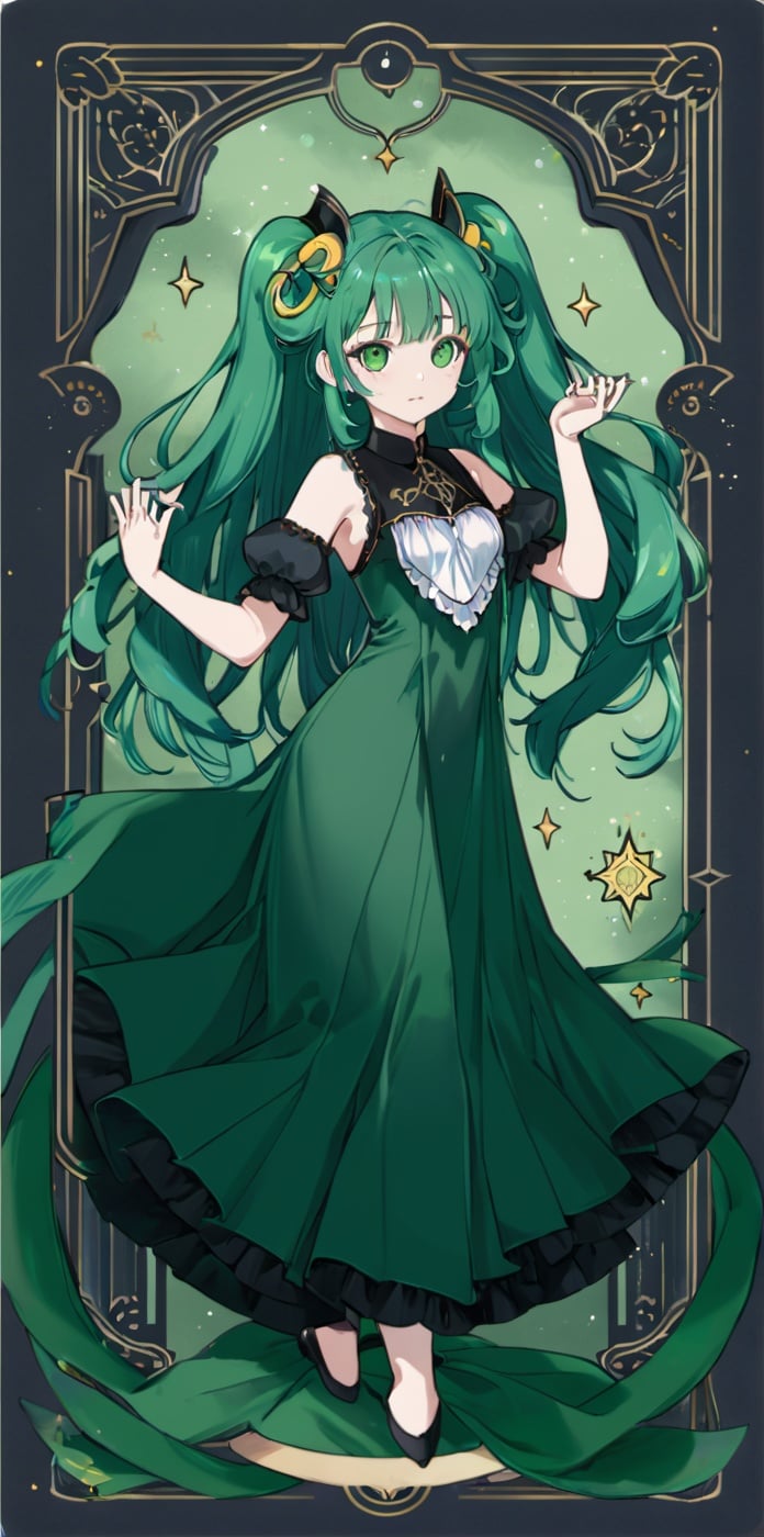 card,tarot,(((masterpiece))),(((bestquality))),((ultra-detailed)),(illustration),((anextremelydelicateandbeautiful)),dynamicangle,floating,(beautifuldetailedeyes),(detailedlight) (1girl),standing, solo, floating_hair,glowingeyes,green hair,greeneyes, twintails, halterdress, atdan, green background,