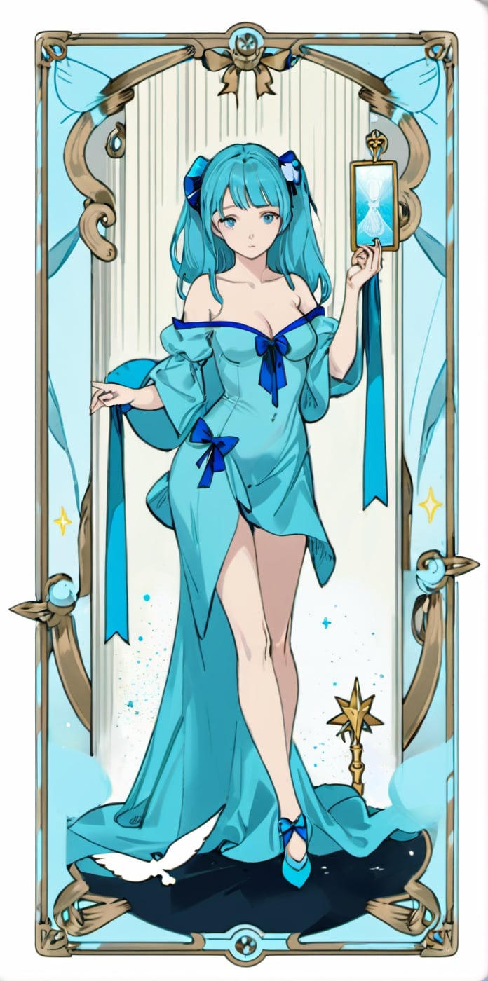 card,tarot,cyan theme,best quality,masterpiece,ultra high res,1girl, solo,full body, ribbon, dress, bare shoulde,