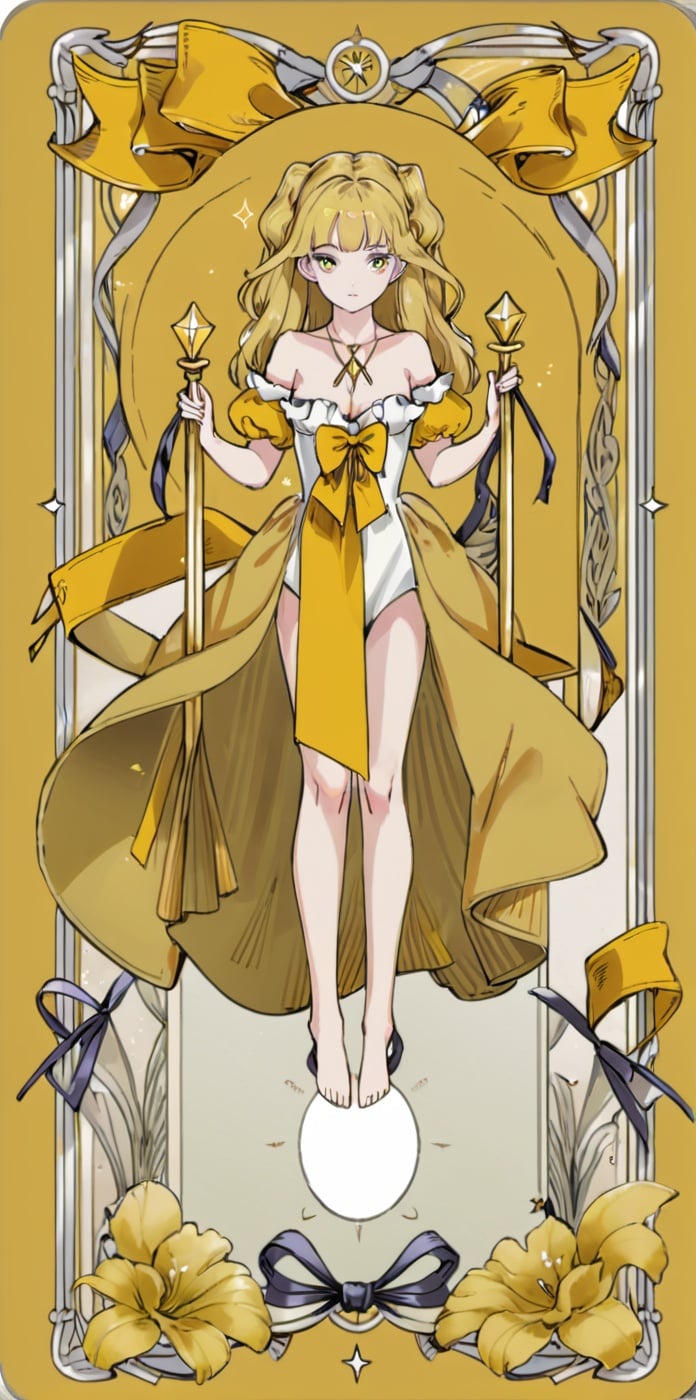 card,tarot,yellow theme,best quality,masterpiece,ultra high res,1girl, solo,full body, ribbon, dress, bare shoulde,