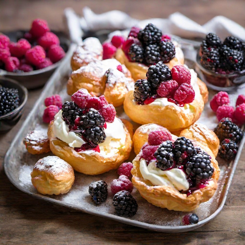On a wooden table was a tray of cream puffs with raspberries and blackberries by KirinTea_Aki on Tensor.Art