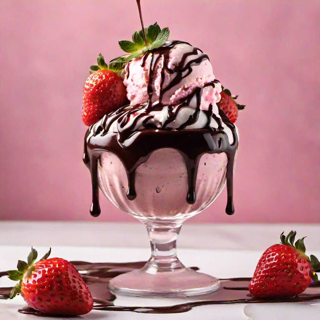 a strawberry ice cream sundae with chocolate syrup and a strawberry on top of it,  with a splash of pink liquid by KirinTe...