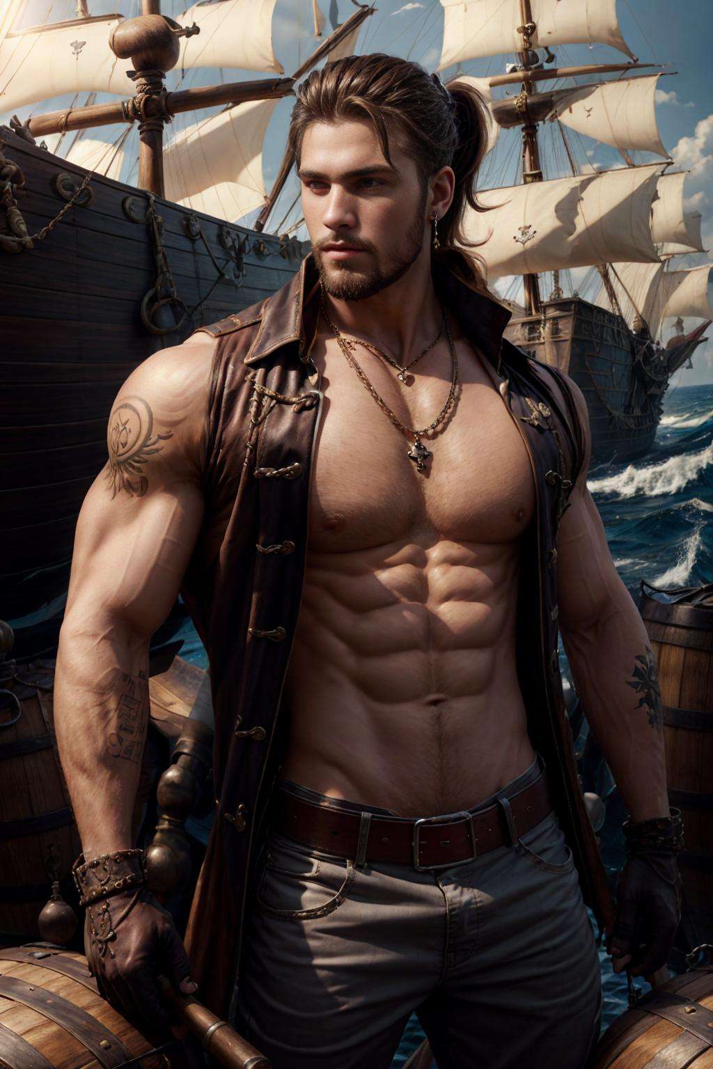 realistic, ((masterpiece)), ((best quality)), (detailed), cinematic, dynamic lighting, soft shadow, detailed background, professional photography, depth of field, intricate, detailed face, subsurface scattering, realistic hair, realistic eyes, muscular, manly, pectorals, abs, photo of a handsome man, sexypirate, dynamic pose, jewelry, belt, necklace, bracelet, earrings, shirt, tattoo, gloves, pants, holding weapon, knife, ship, barrel, ocean, beard, ponytail,