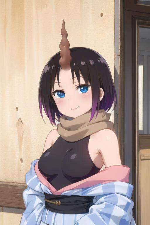 (((pixel-perfect, detail-perfect, photo-perfect))), solo, 1girl, <lora:elma-maidragon:0.8>, elma joui, scarf, sash, black leotard, kimono, off shoulder, looking at viewer, smile, horn