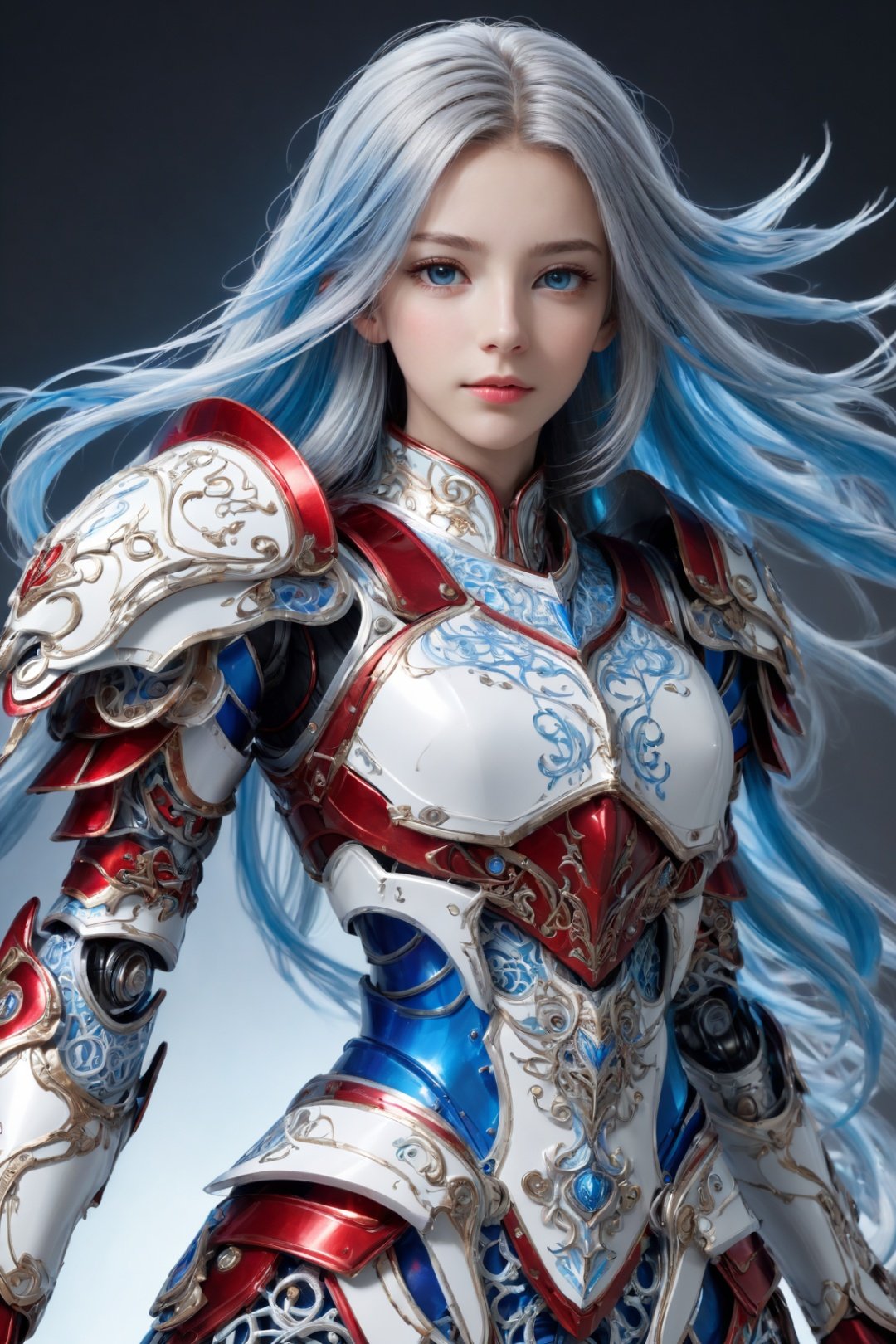 front_view, masterpiece, best quality, photorealistic, raw photo, (1girl, looking at viewer), long hair, mechanical white armor, intricate armor, delicate blue filigree, intricate filigree, red metalic parts, detailed part, dynamic pose, detailed background, dynamic lighting,
