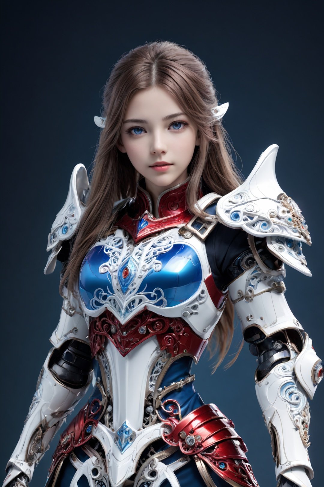 front_view, masterpiece, best quality, photorealistic, raw photo, (1girl, looking at viewer), long hair, mechanical white armor, intricate armor, delicate blue filigree, intricate filigree, red metalic parts, detailed part, dynamic pose, detailed background, dynamic lighting,
