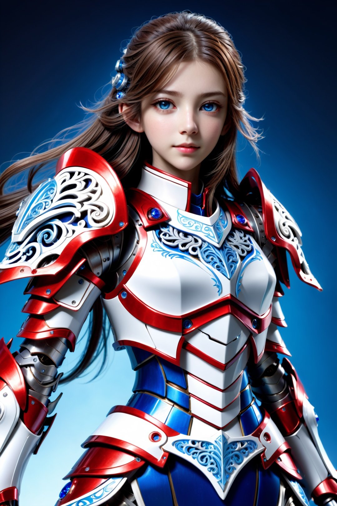 front_view, masterpiece, best quality, photorealistic, raw photo, (1girl, looking at viewer), long hair, mechanical white armor, intricate armor, delicate blue filigree, intricate filigree, red metalic parts, detailed part, dynamic pose, detailed background, dynamic lighting,
