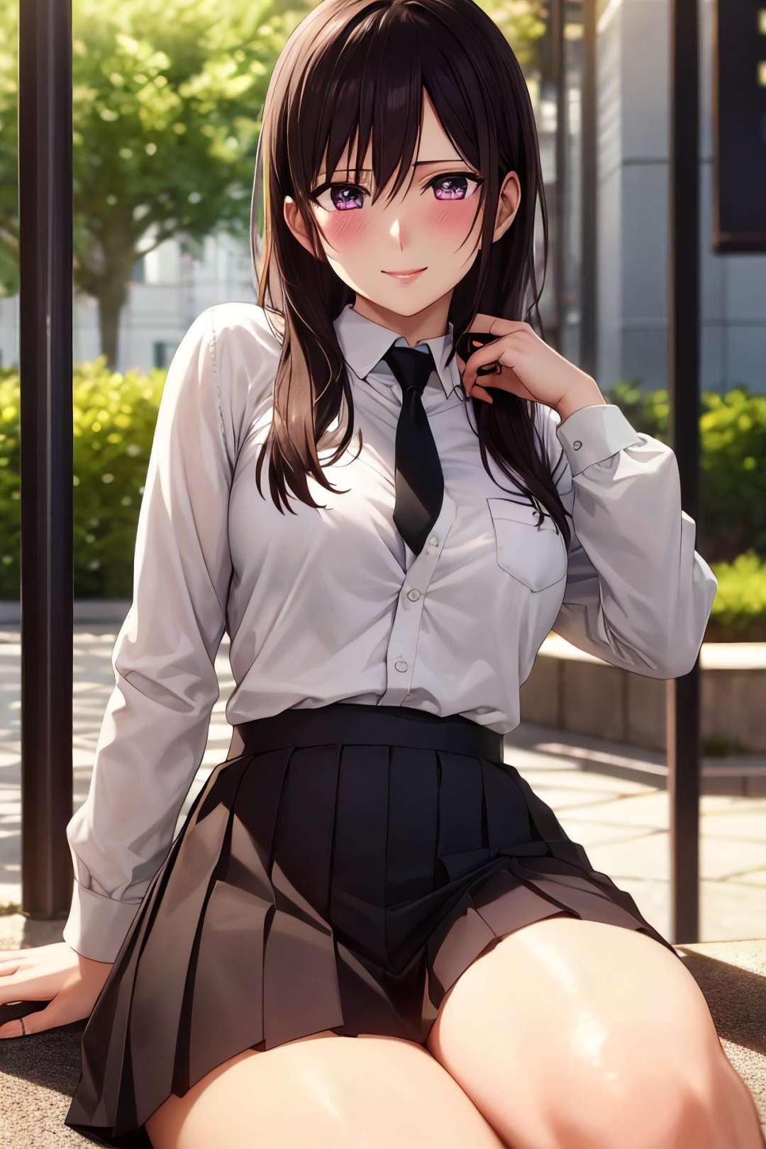 masterpiece, (best quality), 1woman,1girl ,aihara_mei,    long hair, black hair,   purple eyes , school uniform, necktie, shirt,    medium breasts,,sexy woman,  smile, blush, vibrant colors ,,natural lighting  ,RTX,  , beautiful, (detailed face:1.2), showcase, (perfect eyes:1.1) ,(photorealistic:1.1), 8k uhd,  looking at viewer,  outdoors,  simple backround