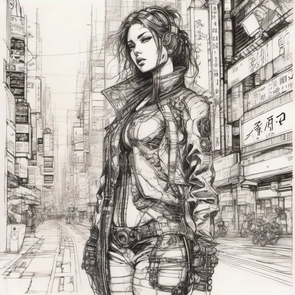 body drawing of a cyberpunk girl at midnight  streets of tokyo  in style of  ,  pen, ink, pencil, sketch, breathtaking  . award-winning, professional, highly detailed, pencil sketch
