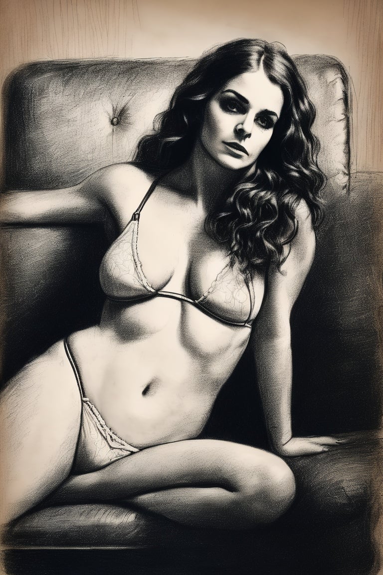 drawing of cinematic film still (medium shot:1) petite turkish white girl. with long curly black hair, (white undies), resting on 1970s \(style\) vintage couch, wood texture, dark room, moody light . shallow depth of field, highly detailed, high budget Hollywood movie, bokeh,  gorgeous, film grain , pencil sketch