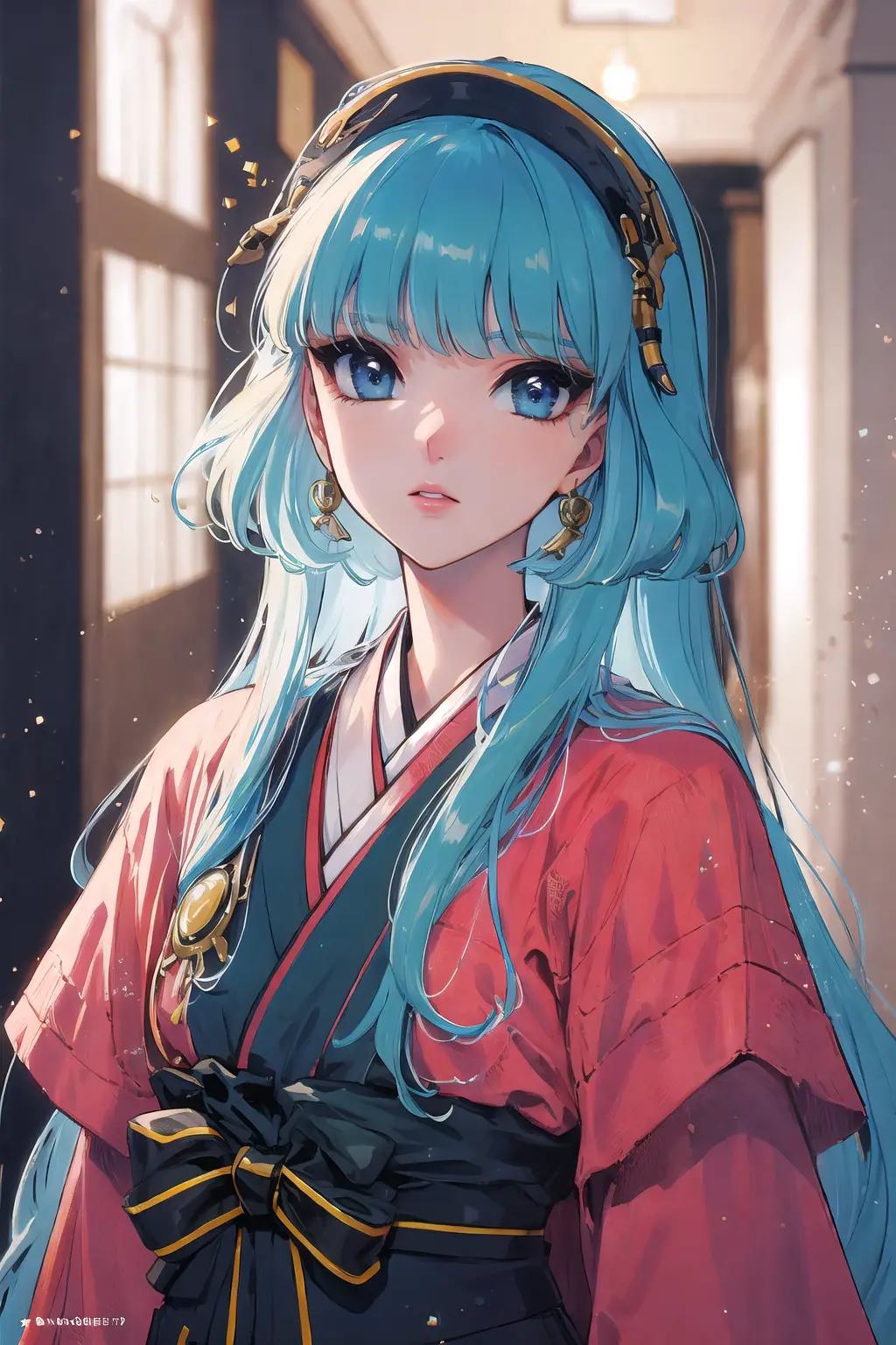 (Masterpiece,  Best Quality:1.2),  Traditional Media,  retro artstyle,  1990s \(style\),  1girl,  solo,  Manga,  dynamic,  very long hair,  lipstick,  perfect face,  woman standing in hallway,  mid shot,  (upper body:1.2),  full body,  focus face,  japanese clothes,  obi,  detailed deep eyes,  beautiful,  stylish,  vibrant colors,  depth of field,  light particles,  cinematic lighting,  shiny,  alternate costume,  alternate hairstyle,  bangs,  curvy,  , sugar_rune, 1 girl, Circle, <lora:EMS-28489-EMS:1.300000>, , <lora:EMS-7851-EMS:0.100000>